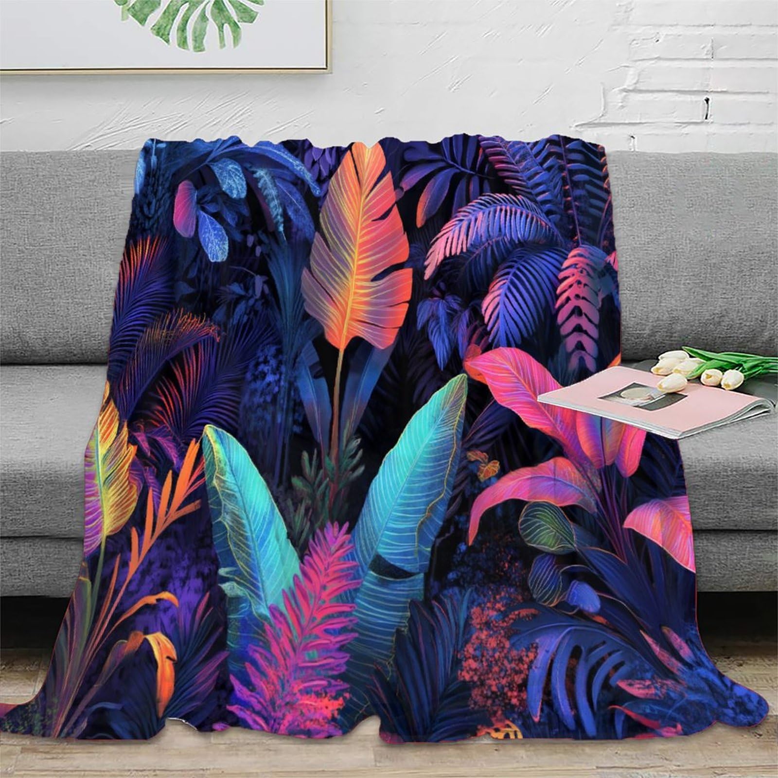 Piante della giungla tropicale in strane, luminose, neon Coperta 3D Colori simili Coperta Stampa Per Adolescenti E Adulti, Morbida Coperta in Peluche Per Le Vacanze 80x90inch(200x230cm)