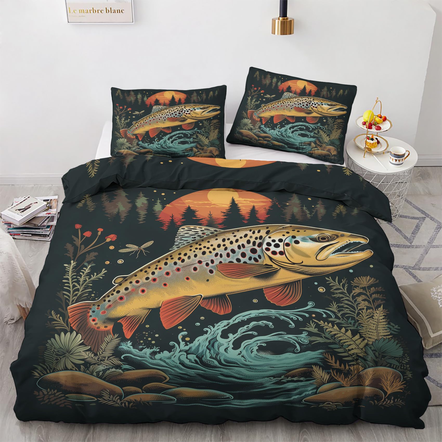 Housse de Couette Pêche À La Truite 200x200 Parure de Lit Poisson Pêcheur Microfibre 2 Personnes