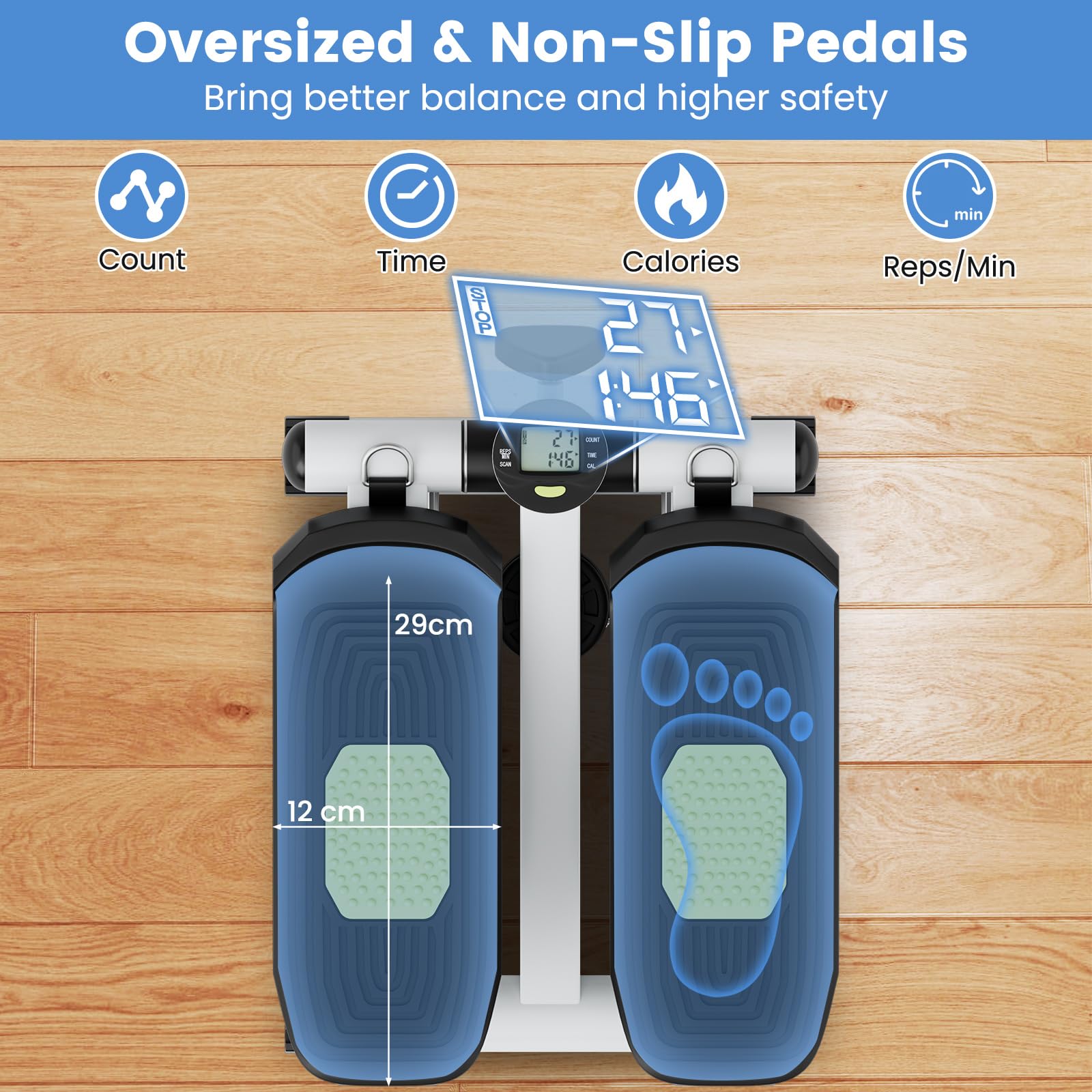 KOMFOTTEU Mini Step Fitness Casa, Stepper Idraulico con Fasce di Resistenza, Altezza Regolabile, Schermo LCD, Pedali Antiscivolo, Attrezzatura Cardio per Allenamento Corpo, Esercizio