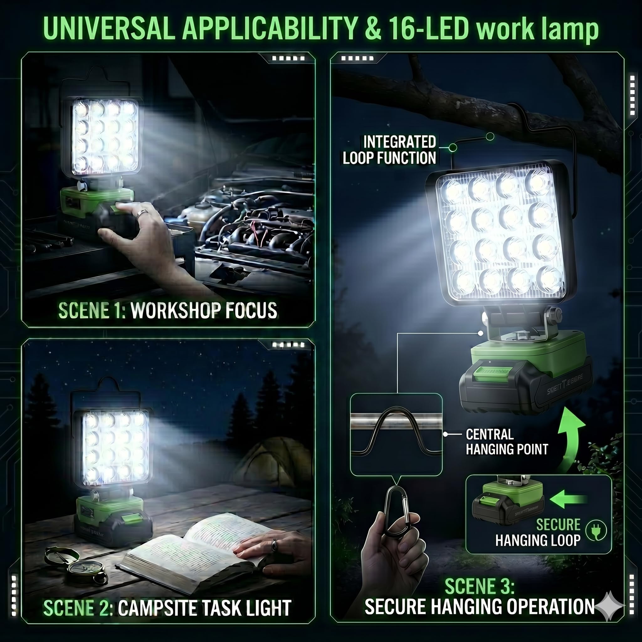 Lámpara de trabajo para Ryobi 40 V, 48 W, 6800 lm, luz de inundación inalámbrica portátil con USB y conector de carga rápida tipo C para herramientas Ryobi, foco LED para camping, pesca, taller (no