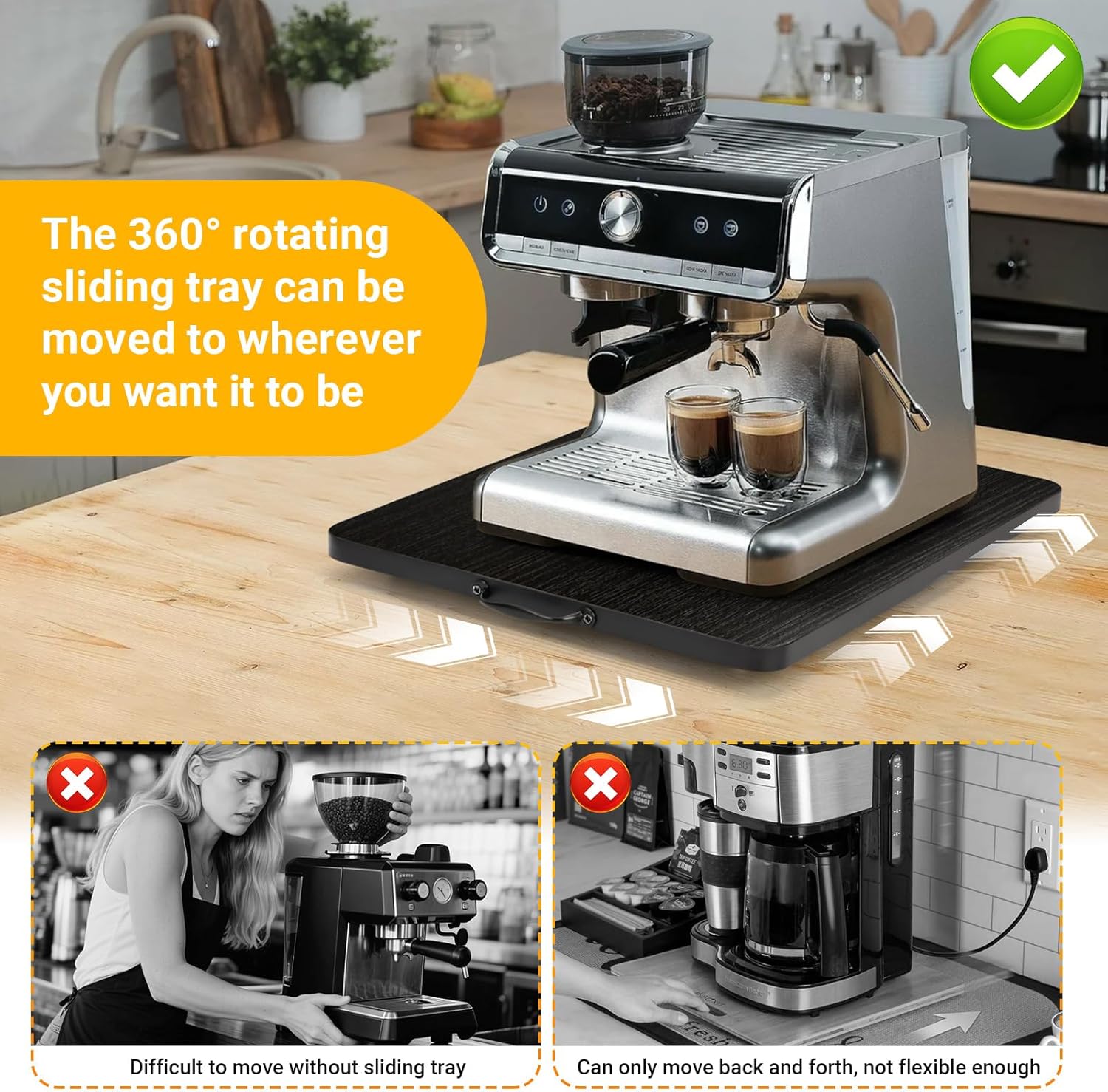 Sliding Tray for Coffee Maker, 360° Rotating Appliance Slider for Kitchen Appliances, Wooden Sliding Tray Suitable for Kitchen Countertops and Kitchen Appliances(Black, Large)