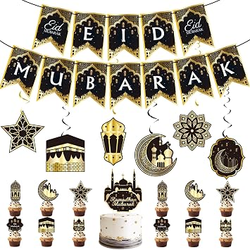 31pcs Eid Mubarak Decorations Set - Black and Gold Ramadan Party Supplies including Banner, Hanging Swirls for Muslim Islamic Eid Al-Fitr Home Wall Decor