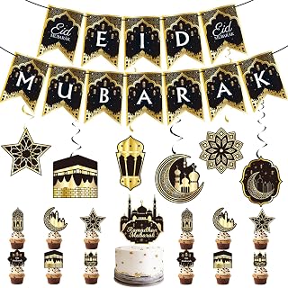 31pcs Eid Mubarak Decorations Set - Black and Gold Ramadan Party Supplies including Banner, Hanging Swirls for Muslim Islamic Eid Al-Fitr Home Wall Décor