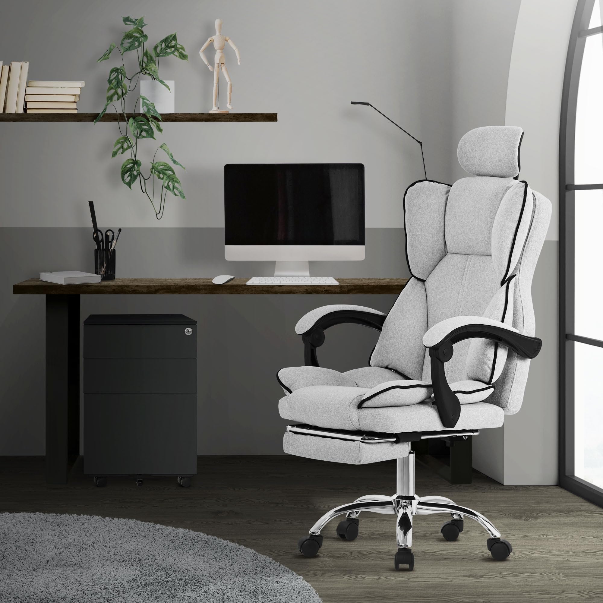 Ergonomiczne krzesło biurowe ML-Design, jasnoszare, krzesło biurowe z regulacją wysokości i wysokim oparciem, krzesło obrotowe z podnóżkiem, poduszką zagłówkiem krzesło komputerowe, krzesło gamingowe