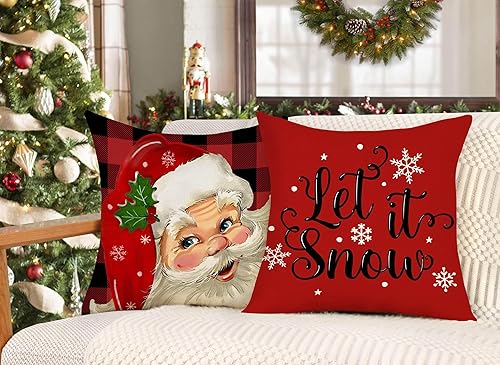 Miniatura 4 de 4TH Emotion Juego de 4 fundas de almohada navideñas de 18 x 18 pulgadas, decoración de Navidad de granja, diseño a cuadros rojos y negros, Papá
