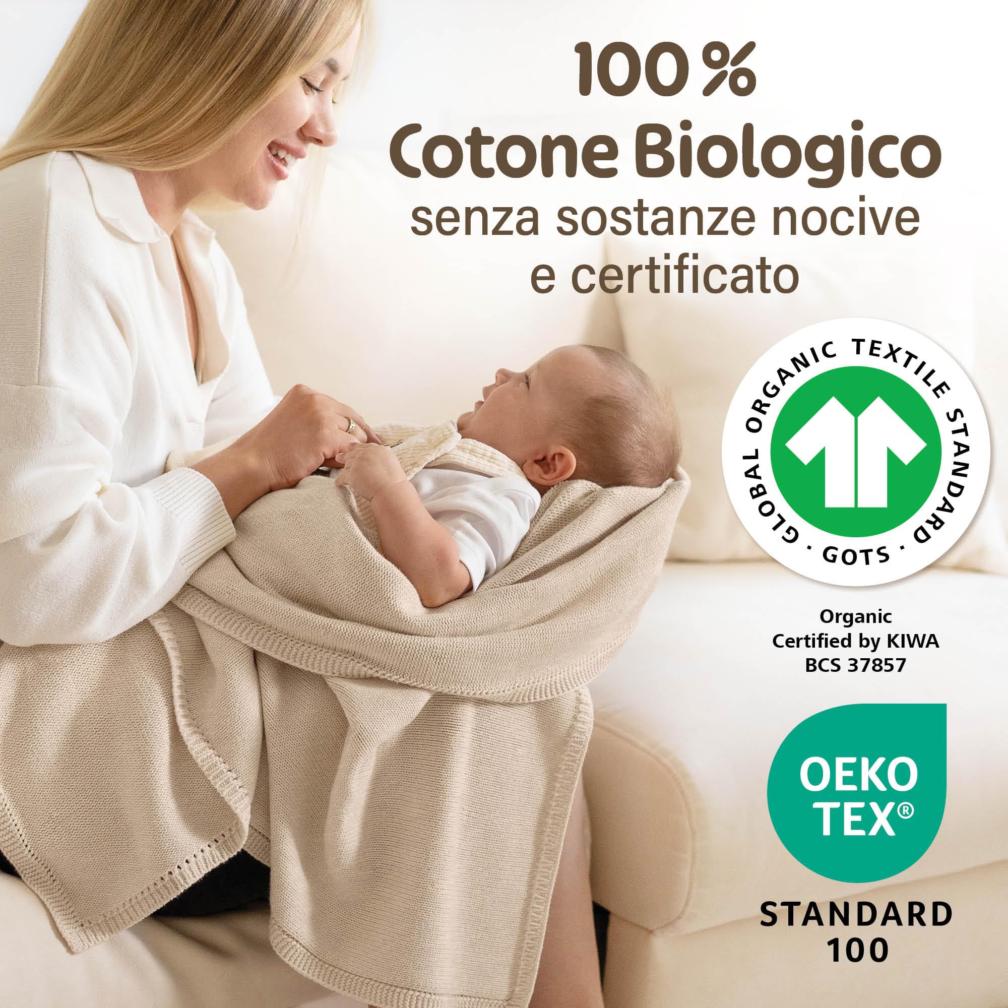 Merle Toys® Premium Coperta Neonato Cotone, 100% Biologica, Copertina Neonato Cotone Estiva e Inverno, Traspirante, Morbida e Termoregolatrice, Certificata GOTS, OEKO-TEX 100, 80x100cm, Beige
