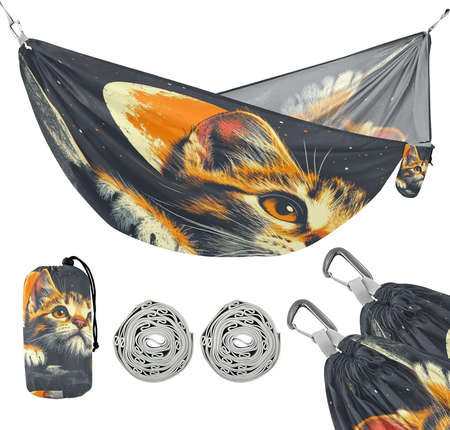 ALAZA Cat Kitten Cute Camping Hammocks Single or 2 Person 500 lbs Portable Parachute Travel Hammock w/Tree Straps for Hiking Backpacking Indoor Outdoor