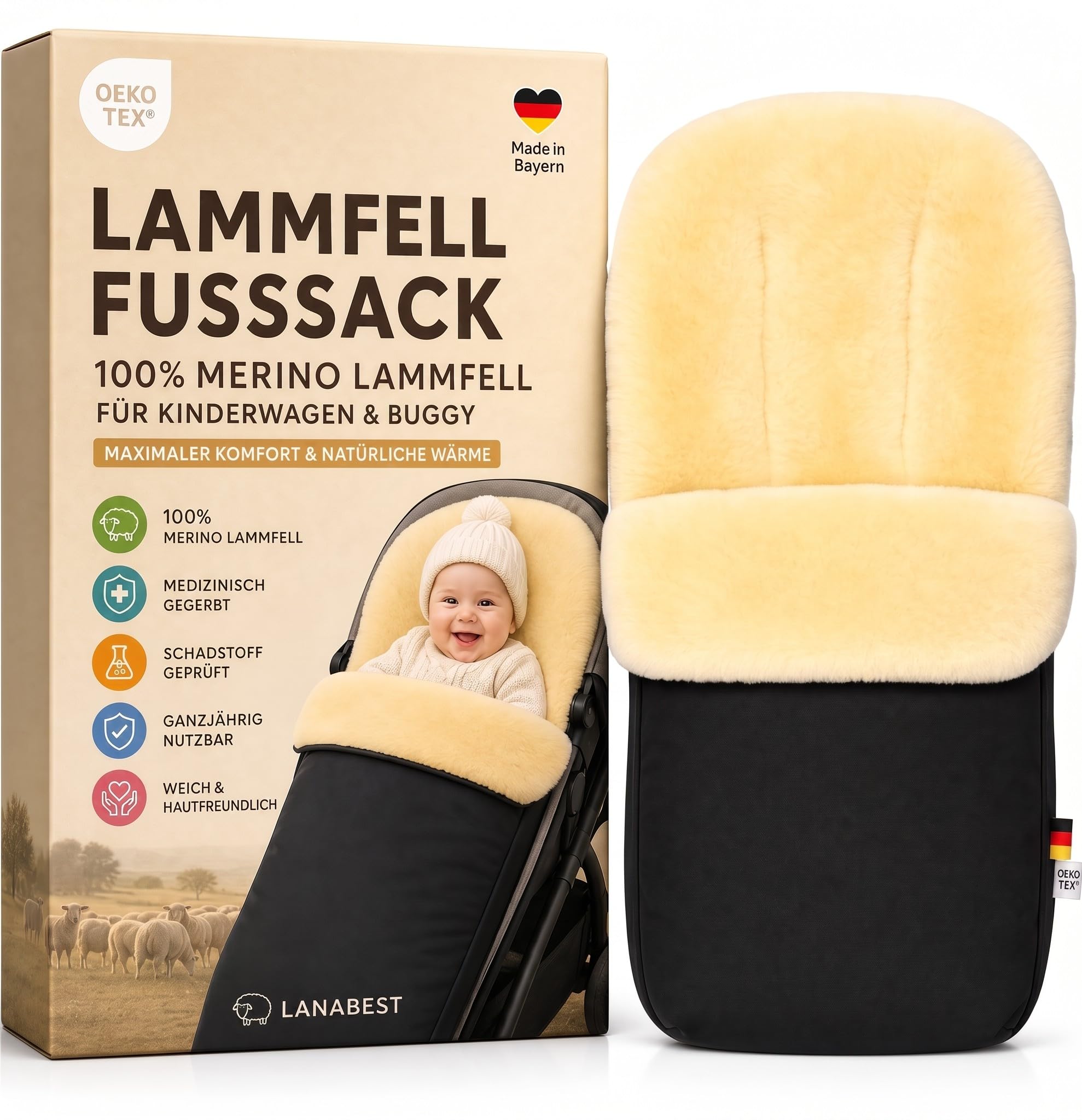 LANABEST Lammfell Fußsack Winterfußsack für Buggy und Kinderwagen schwarz Merino