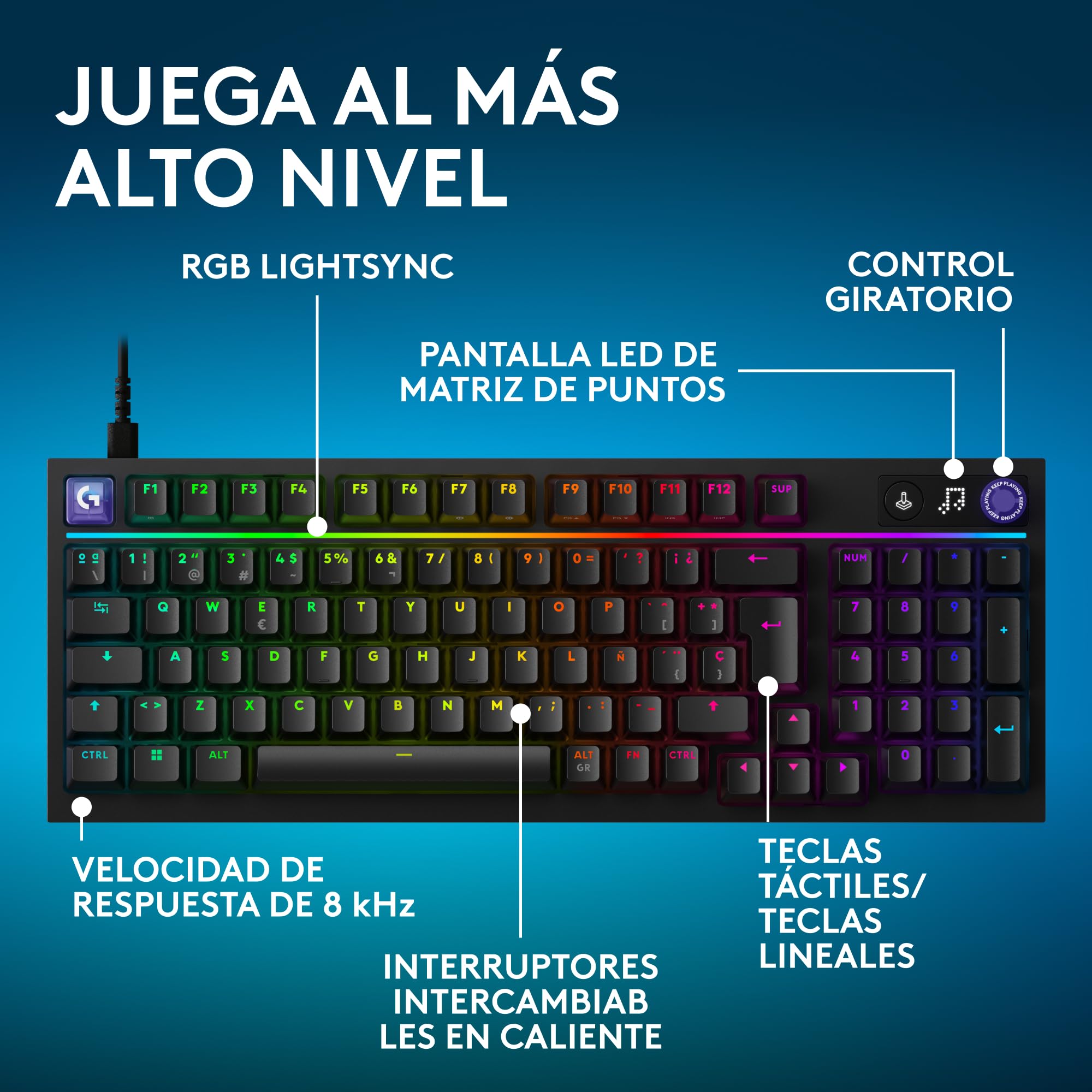 Logitech G G316 X 98, Teclado Gaming, 8kHz, interruptores táctiles Hot-Swap, con Junta, Pantalla LED Matriz y Control Giratorio, Teclas PBT Doble Moldeado, USB-C, RGB, PC, ESP QWERTY - Negro