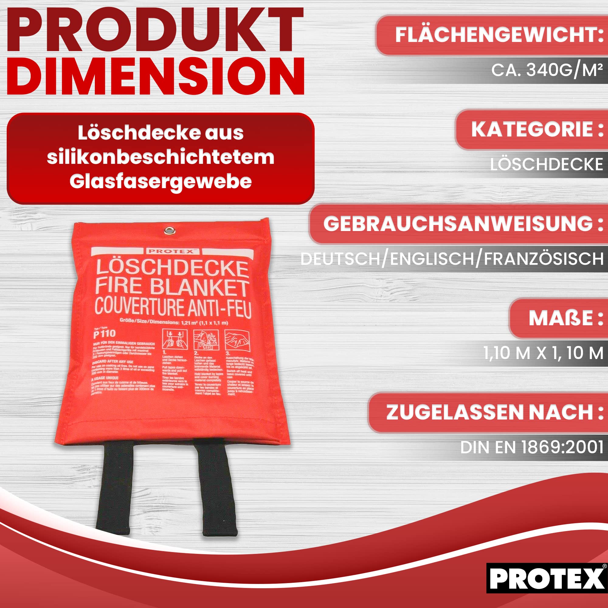 2X Protex Löschdecke 1,10x1,10m DIN EN 1869 Brandschutzdecke Feuerlöschdecke