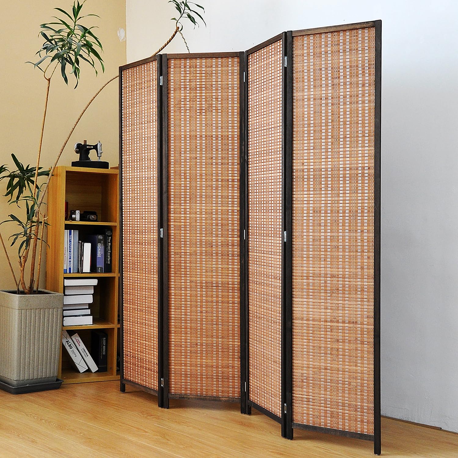 Divisor de habitación de 4 paneles, divisor de panel de bambú de 5.6 pies de alto, pantalla de privacidad plegable, divisor de habitación independiente para separación de habitación, marrón 5