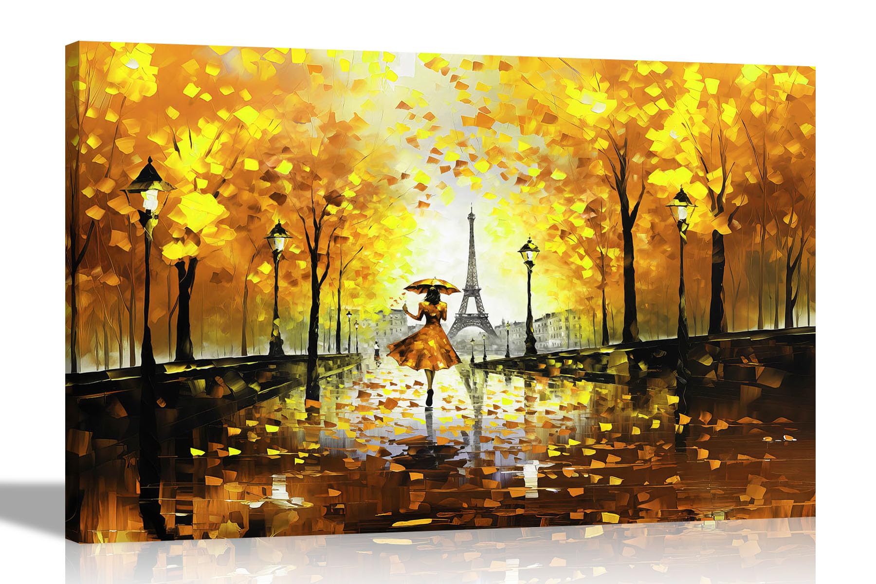 Artley Prints Yellow - Autumn Stroll In Paris Abstract Canvas Wall Art For Living Room, Bedroom, Hallway - Ready To Hang Prints 76 X 50Cm (30 X 20 Inches)