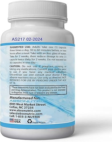 Miniatura 5 de Absonutrix Serrapeptase 250,000 Unidades Serratiopeptidase antioxidante 60 Cápsulas Vegetales Hecho en USA