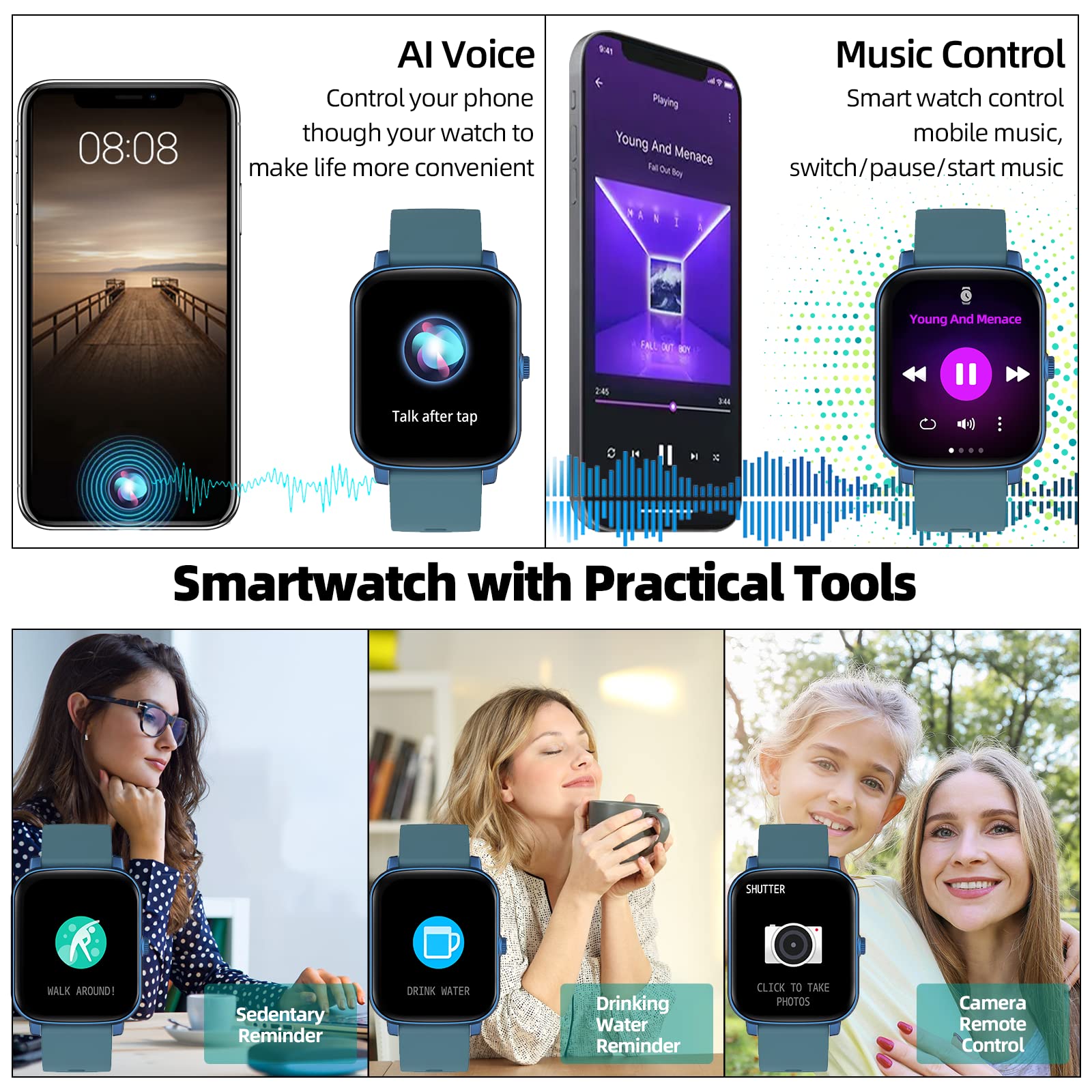 MVEFOIT 1.7'' Phone Smart Watch Answer/Make Calls, Fitness Watch with AI Control Call/Text, Android Smart Watch for iPhone Compatible, Full Touch Smartwatch for Women Men