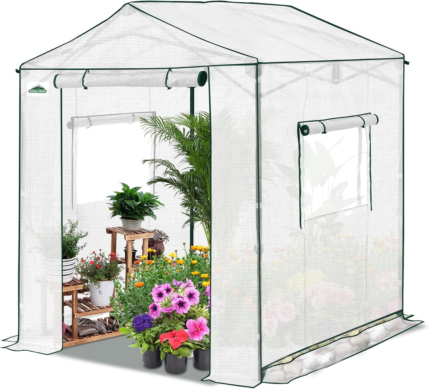EAGLE PEAK 6x6 Portable Pop Up Greenhouse, Patented Center Lock Easy One Person Setup, Walk-in Outdoor Greenhouse with Gable Roof, Weight Bags, Zippered Doors & Windows, White