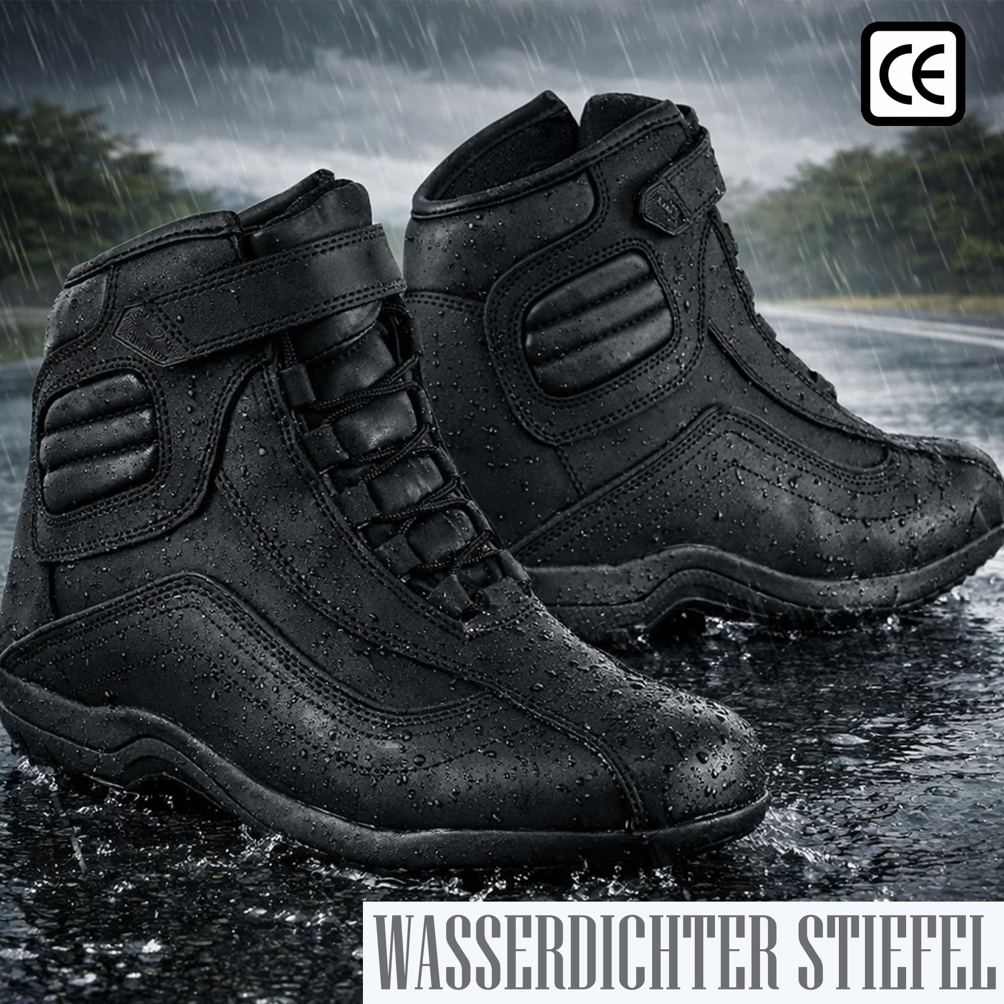 6010 Bottes de moto en cuir pour homme avec semelle en caoutchouc antidérapante et protection CE EN 13634:2017
