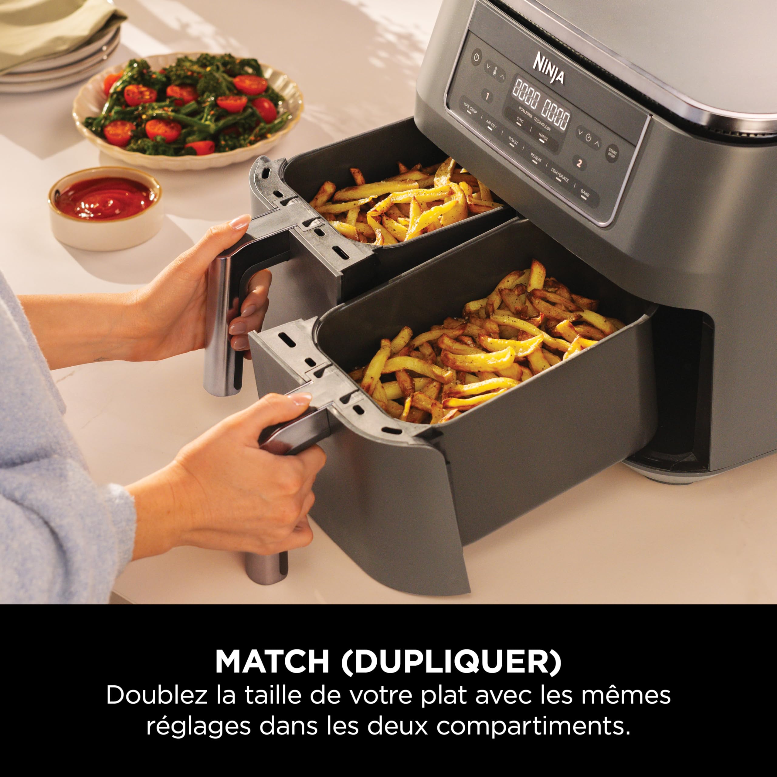 Ninja Air Fryer Dual Zone numérique, Friteuse à air électrique, 2 compartiments, 7,6 L, 6-en-1, Friteuse sans huile, Croustillant max, Rôtir, Cuire au four, Déshydrater, Réchauffer, Gris métal DZ300EU
