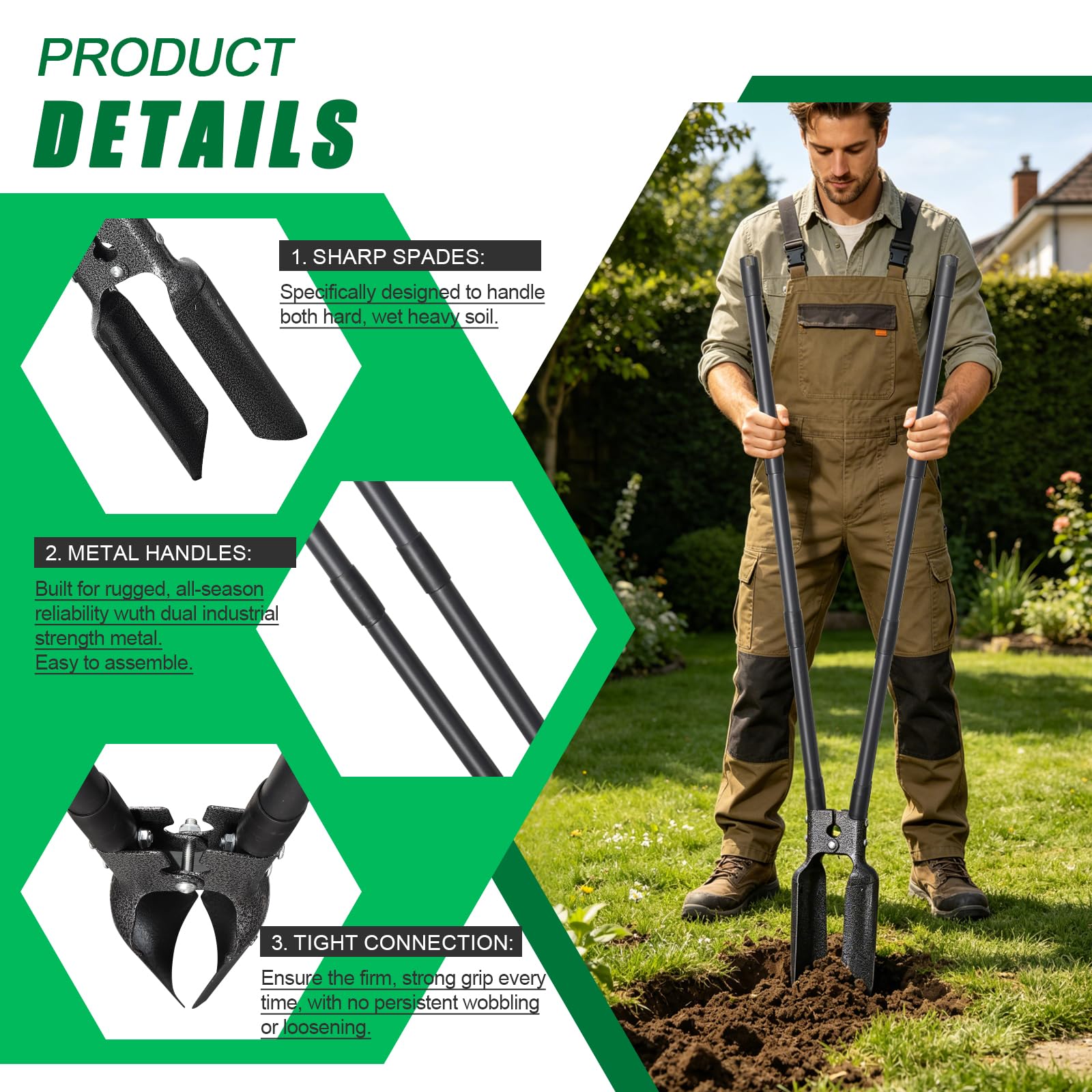 Pfostenlochbohrer, Hochleistungs-Handgerät zum Graben von Pfostenlöchern, 139 cm, Gartenschaufel, Zwei scharfe Klingen zum Aufbrechen von Erdklumpen, Graben, Kultivieren, Jäten, schwarz