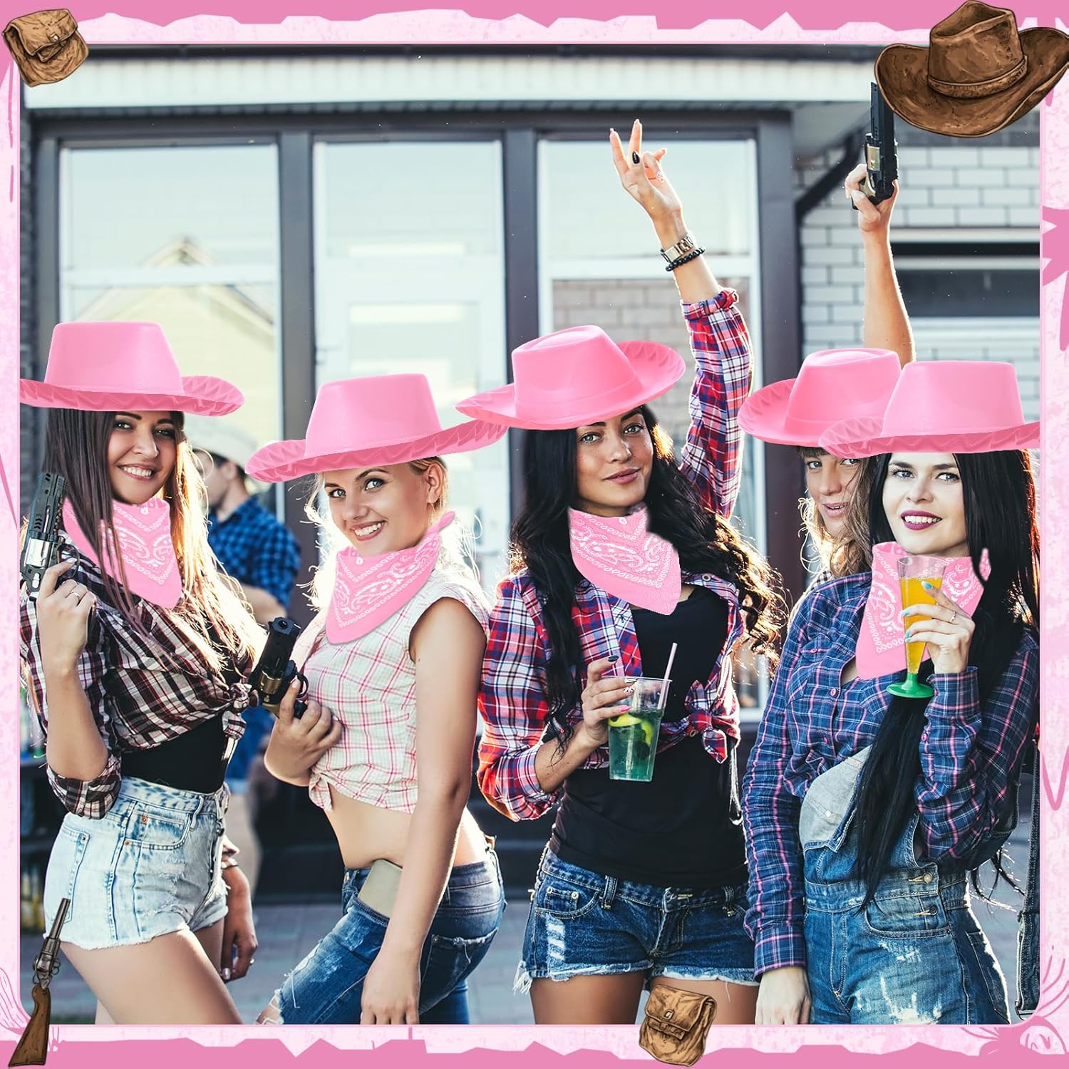 Hillban 24 Pcs Cowboy Hat and Bandana Set, Cowgirl Hats for Boys Girls Plastic Cowboy Party Hat Western Bandanas for Party