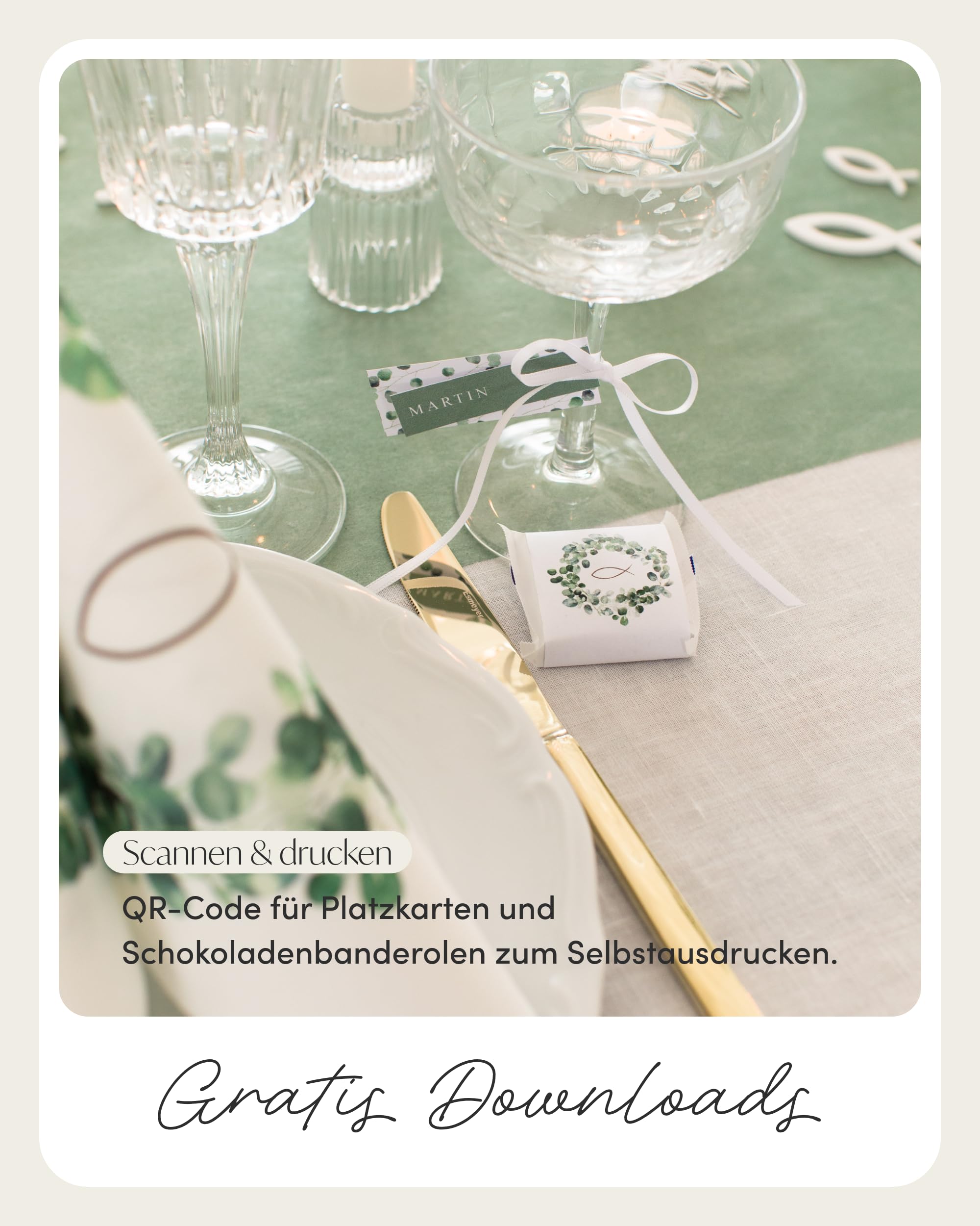 100% Mosel Tischdeko-Set – Eukalyptuskranz & Fisch (25–50 Gäste) – Komplettset für Kommunion & Konfirmation mit Vlies Tischläufer, Airlaid Servietten, Streudeko & Satinband