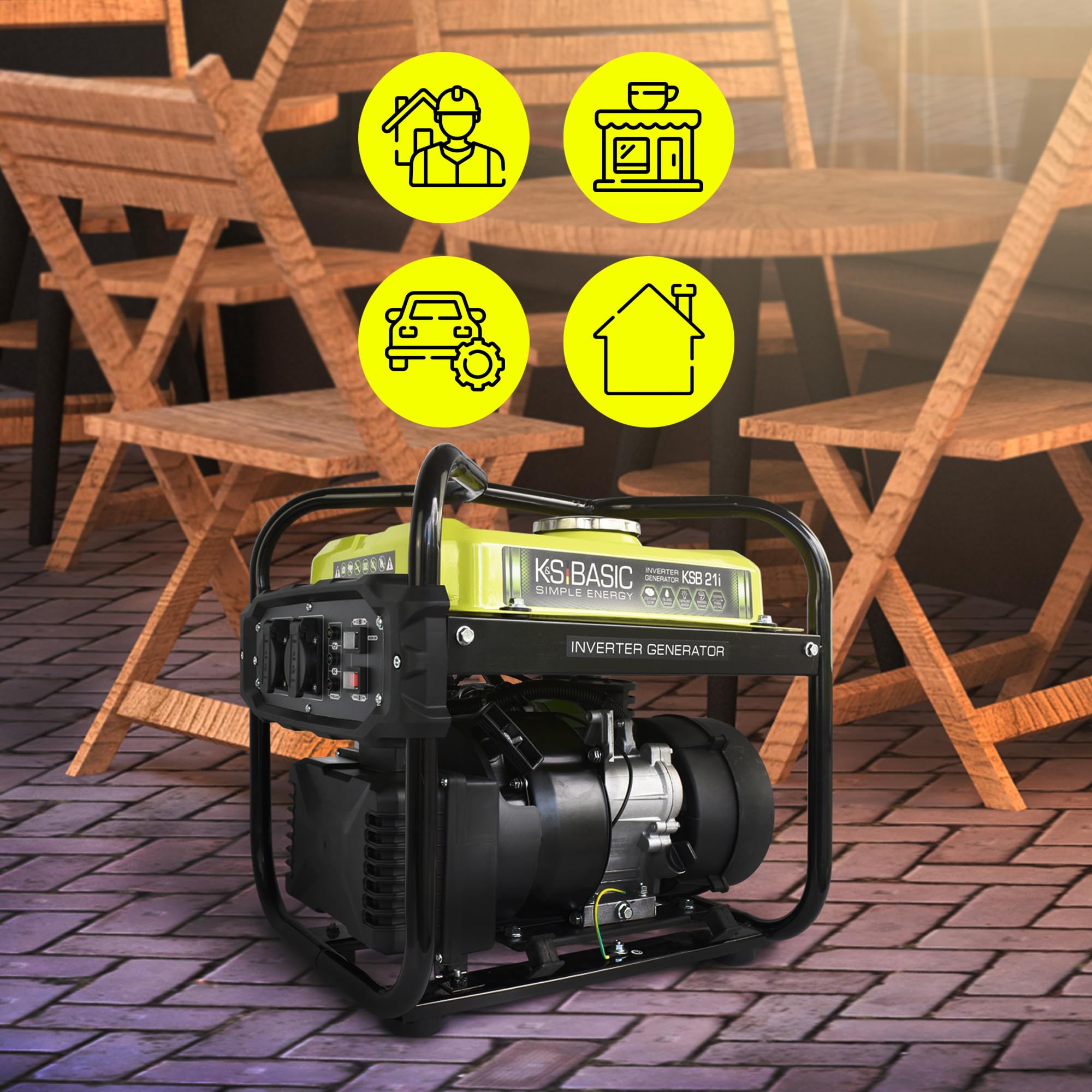 K&S Basic KSB 21i - Generatore di corrente a benzina a 4 tempi, 2,9 CV, con regolatore di tensione automatico, protezione contro la mancanza di olio, norma di scarico EURO V, 2000 W, 2 x 16 A (230 V)