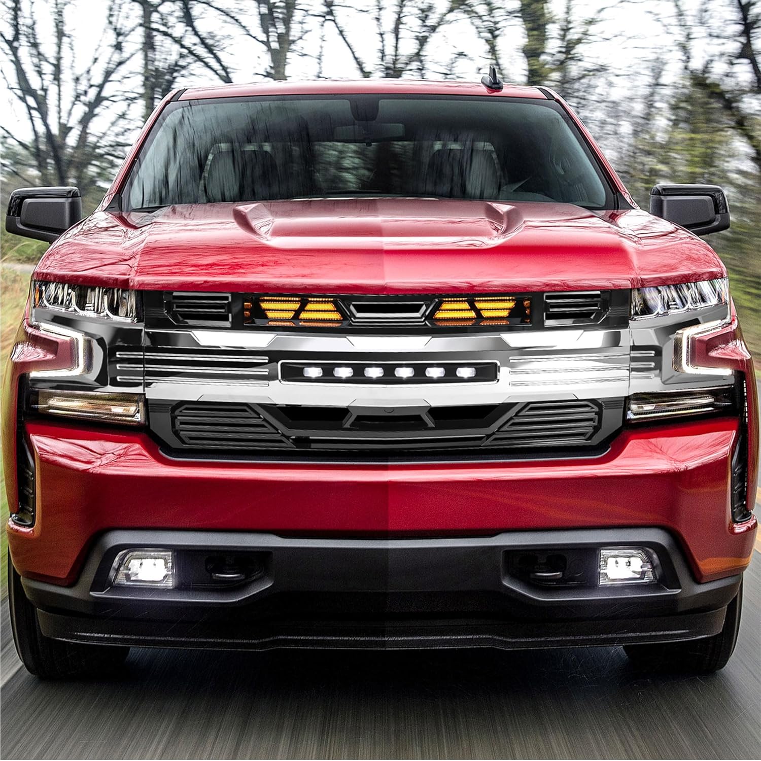 AMERICAN MODIFIED Armor Grille with LED Lights for 2019-2021 Chevy Silverado 1500, Chrome