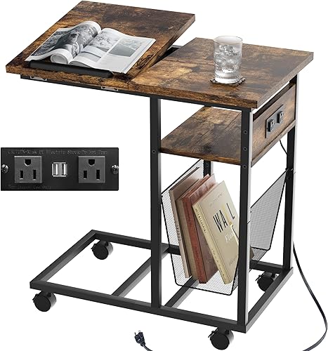 End Table C Shape with Charge Station, Tilting Top Side Table with Magazine Holder and Lockable Wheels, Easy Assembly for Living Room, Bedroom, disponible en Yaxa Peru