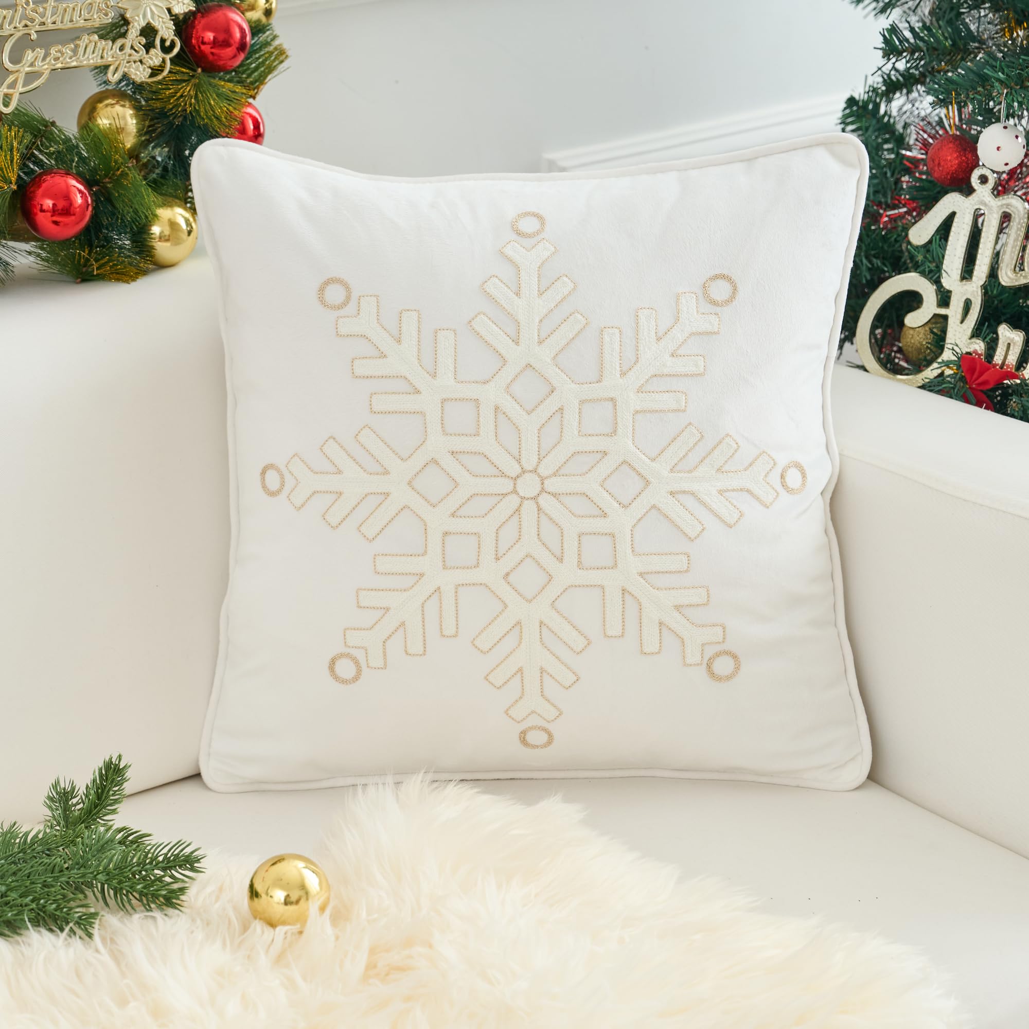 Xmax - Fundas de almohada de Navidad de 45,7 x 45,7 cm, diseño de copos de nieve bordados, fundas de cojín decorativas de terciopelo blanco para decoración del hogar