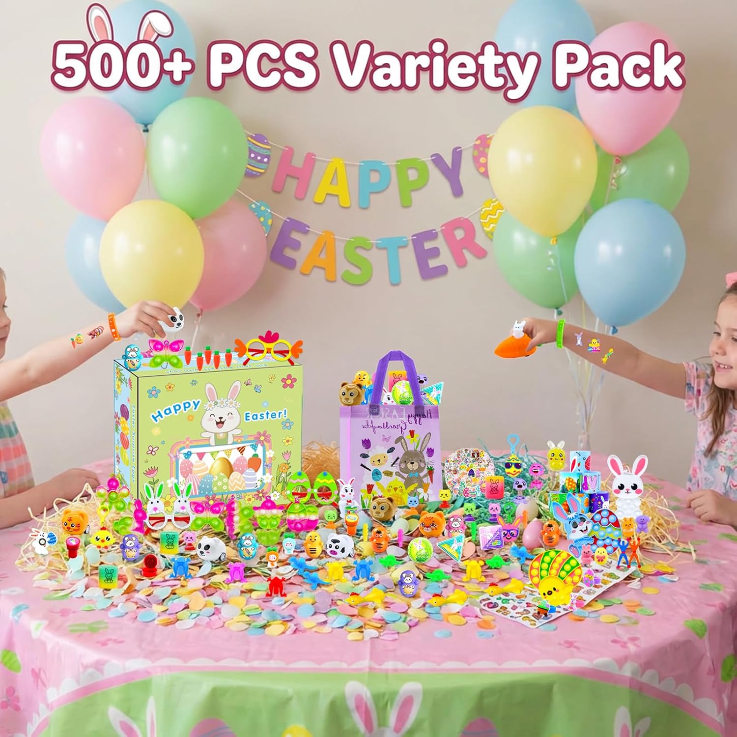 BicMan 500pcs Easter Basket Stuffers Bulk, Easter Egg Fillers for Kids, Fidget Toys Pack, Easter Party Favors, Goodie Bag Stuffers, Classroom Prize, Treasure Box