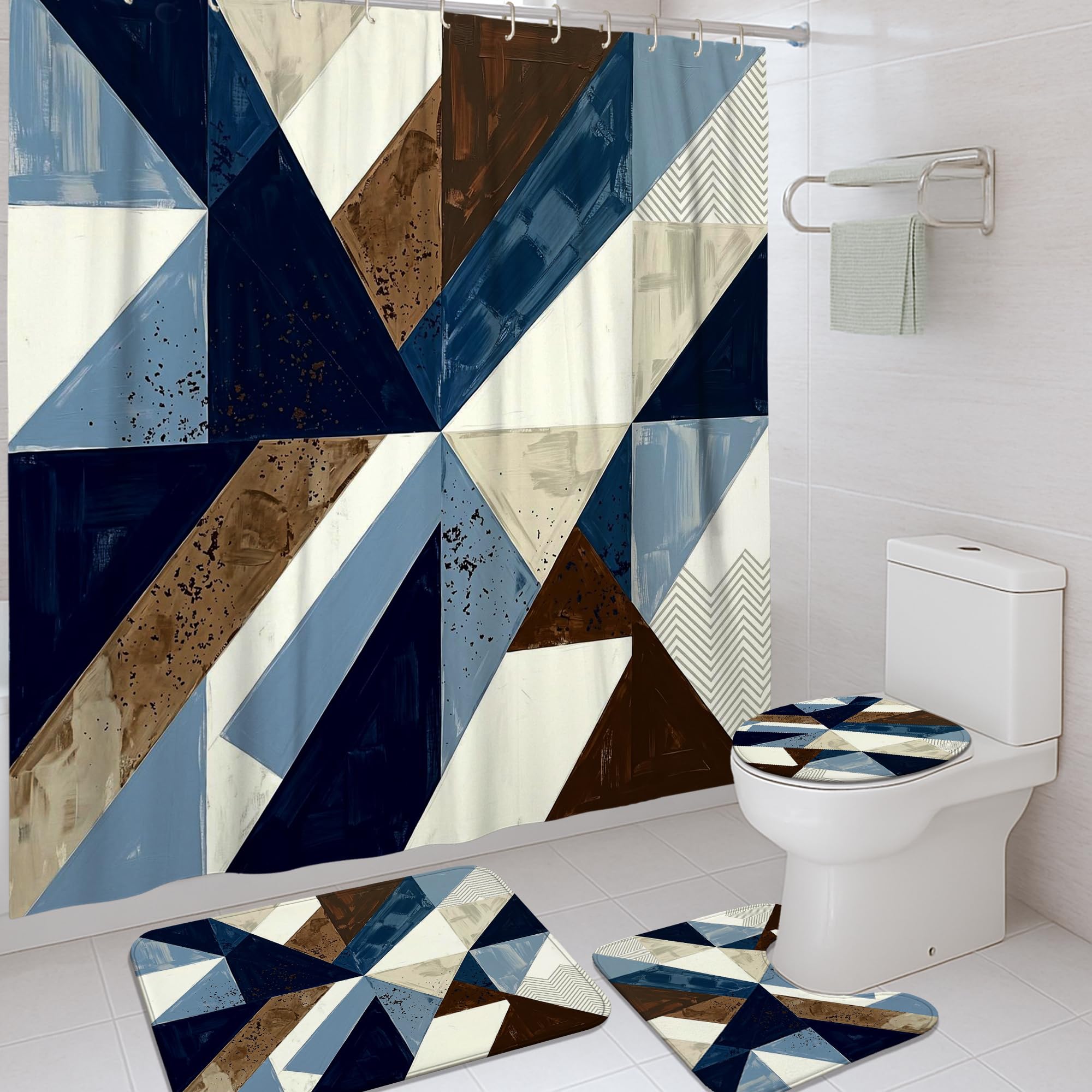 Rideau de douche géométrique pour chambre d'amis et tapis de bain en toile
