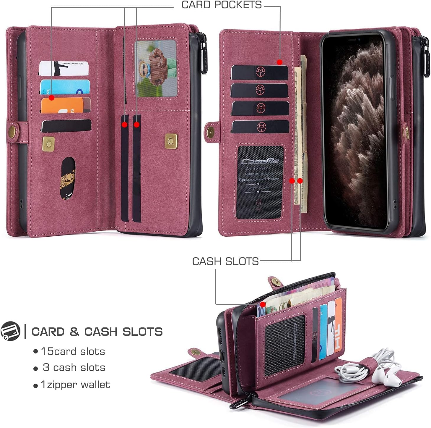 CaseMe for iPhone 11 Wallet Case, Durable Handmade PU Leather Zipper Detachable Magnetic Phone Case for iPhone 11 (6.1 inches) Case Wallet Clutch Purse with 15-Card Slots Holder for Women Men, Red