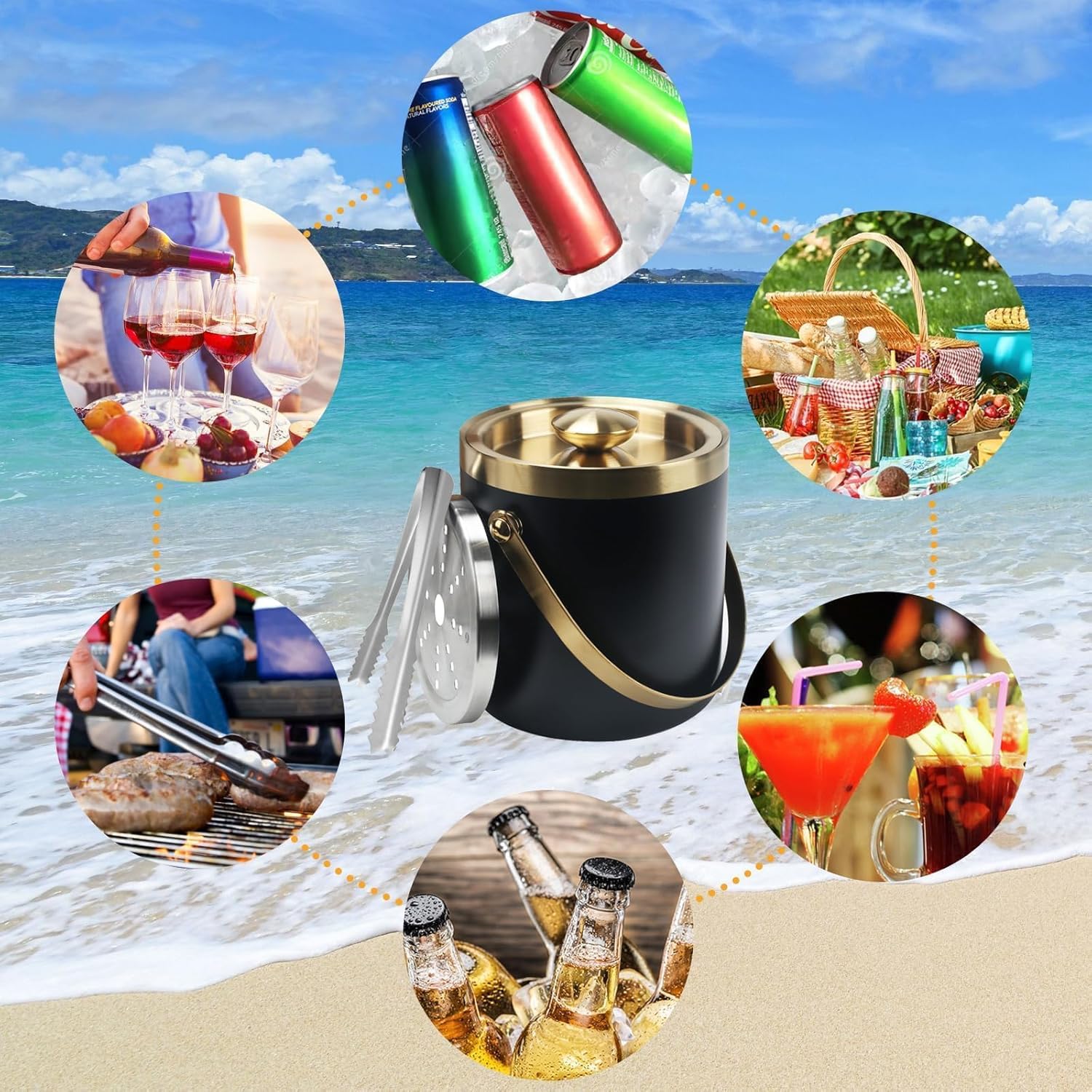 3L cubiteras para hielo grande hielera portátil cubiteras para botellas de doble pared de acero inoxidable champanera con Tapa Colador Cuchara hielo y Pinza para Bar Fiestas de picnics Negro