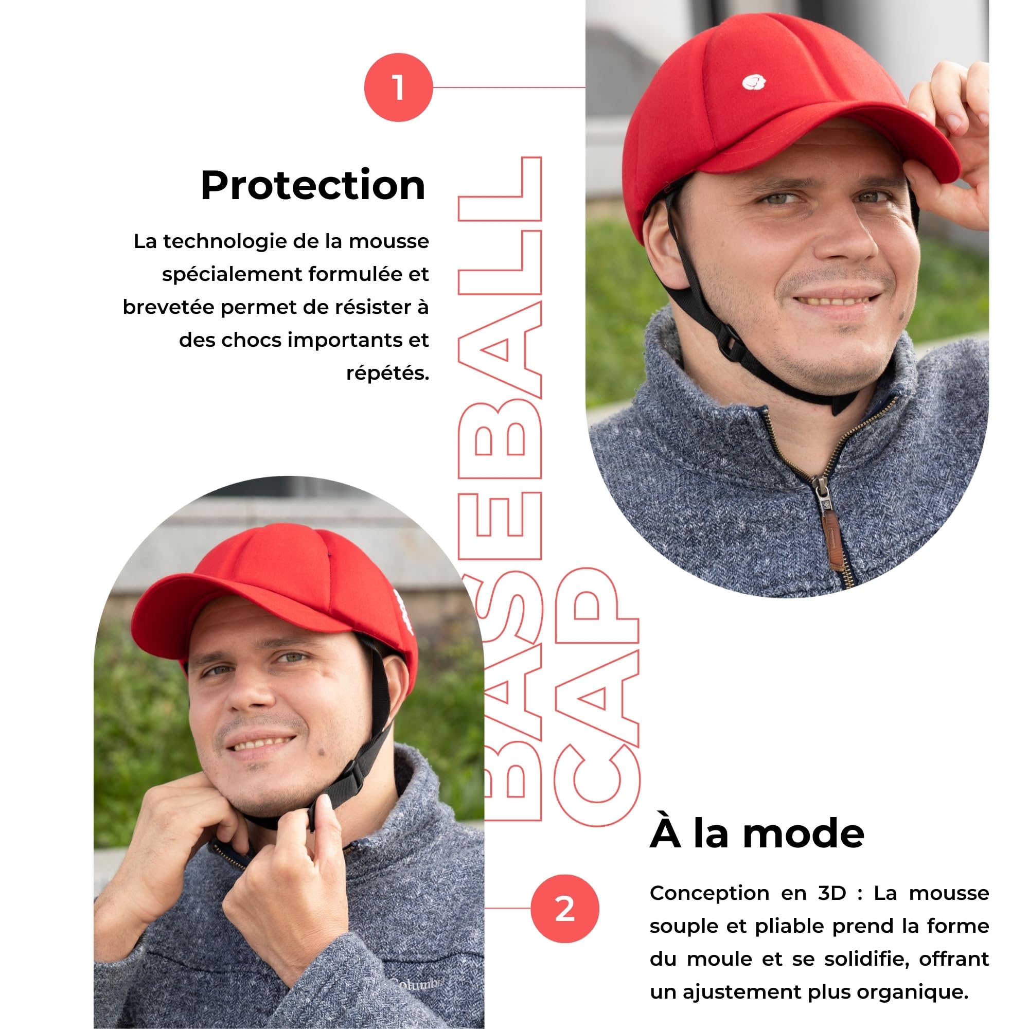 Ribcap Casquette Baseball Rouge | Casque Souple pour épilepsie et Chutes