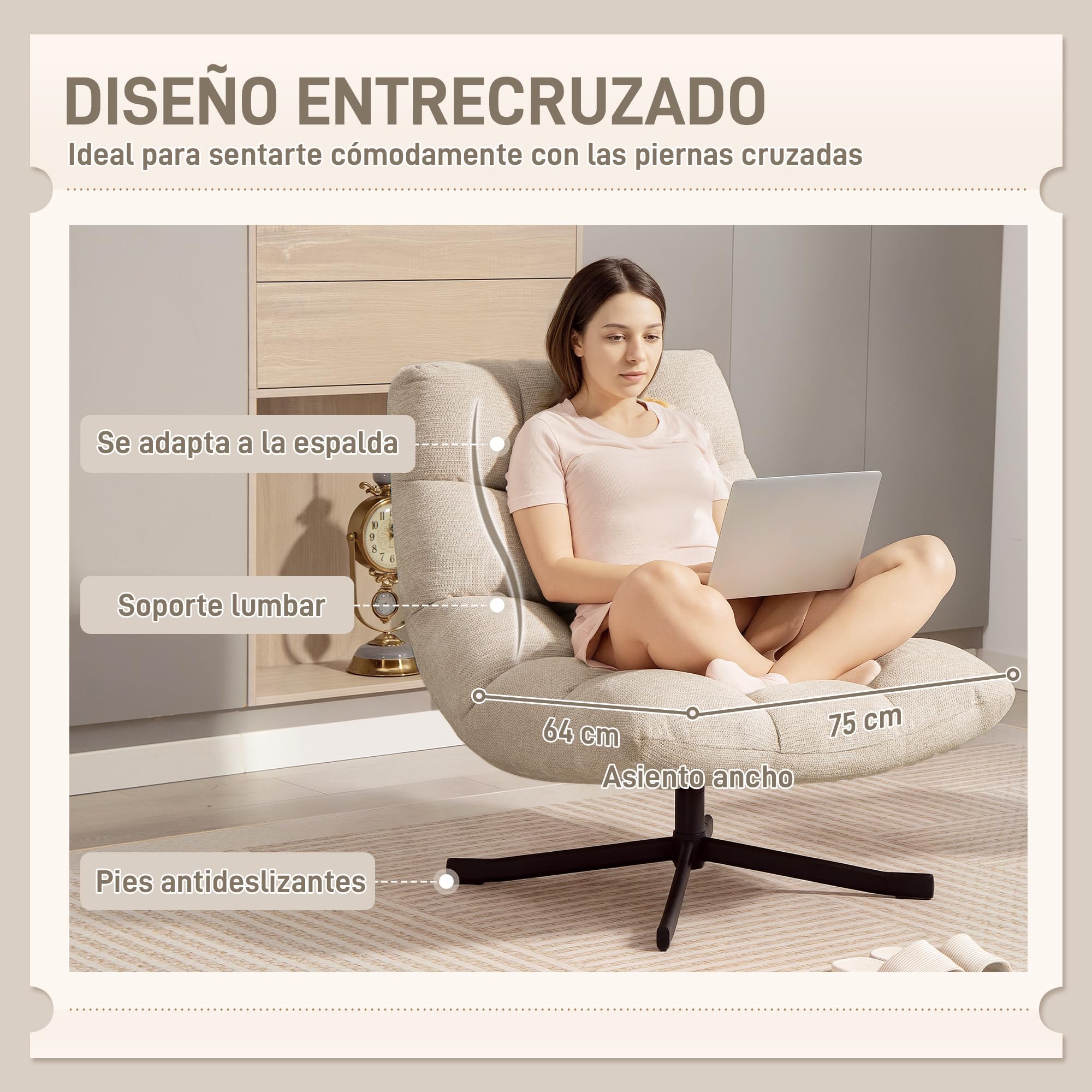 HOMCOM Sillón Giratorio Moderno, Butaca de Salón con Respaldo Plegable, Base de Cruz, Tapizado en Chenilla Impermeable, Asiento Extra Ancho y Patas de Acero, para Sala de Estar, Dormitorio, Crema