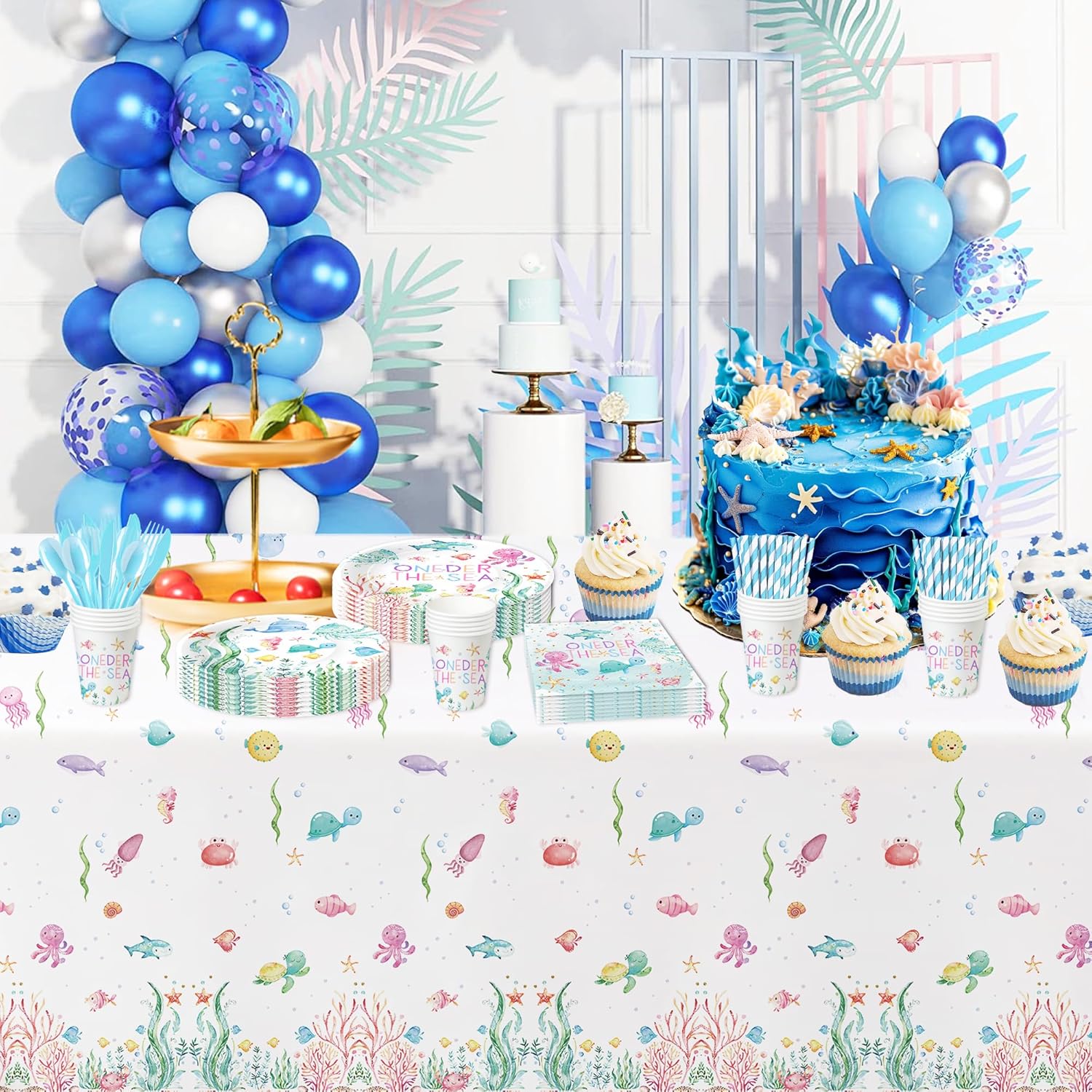 APOWBLS Under The Sea One Year Old Birthday Party Decorations Tableware, Ocean Oneder Sea 1st First Birthday Decorations Supplies, Paper Plate, Cup, Napkin, Fork | Serves 24 (Pack of 2)