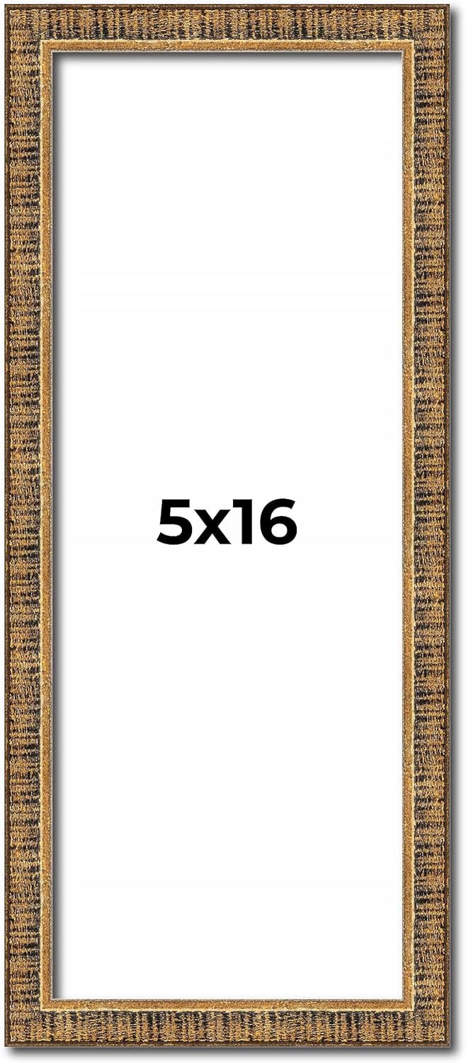 5x16 IN Frame Gold Kingsley Distressed Solid Wood Picture Frame Width 0.75 Inches | Interior Frame Depth 0.5 Inches | Kingsley Frame with UV Acrylic, Foam Board Backing & Hanging Hardware