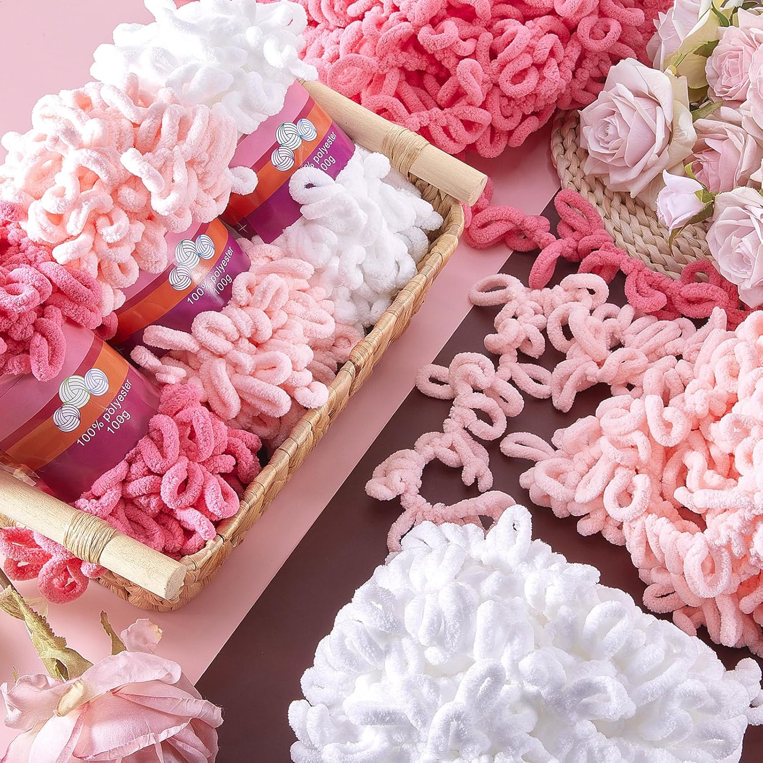 Threlaco 6 Pack Finger Loops Yarn Bulk Soft Chunky Yarn 600 G/ 6 Skeins for Mothers Day Beginners Knitting No Needles or Hooks(White, Pink, Carmine)