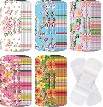 Threlaco 120 Pcs Fabric Adhesive Flexible Bandages Bulk Assorted Shapes and Patterns Small Colorful Pretty Fabric Bandages with Non Stick Pad 3 x 1 Inch for Cuts Wound Scrapes WomenFloral