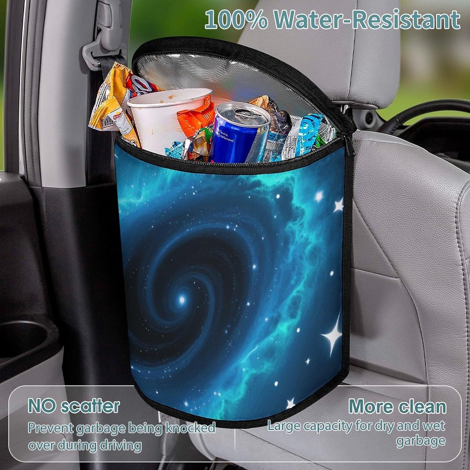 MUSM Leakproof Car Trash Can 2.5 Gallon, Durable Automotive Garbage Bag with Waterproof Liner, Galaxy Trash Bag for Car, Truck, RV & Bathroom