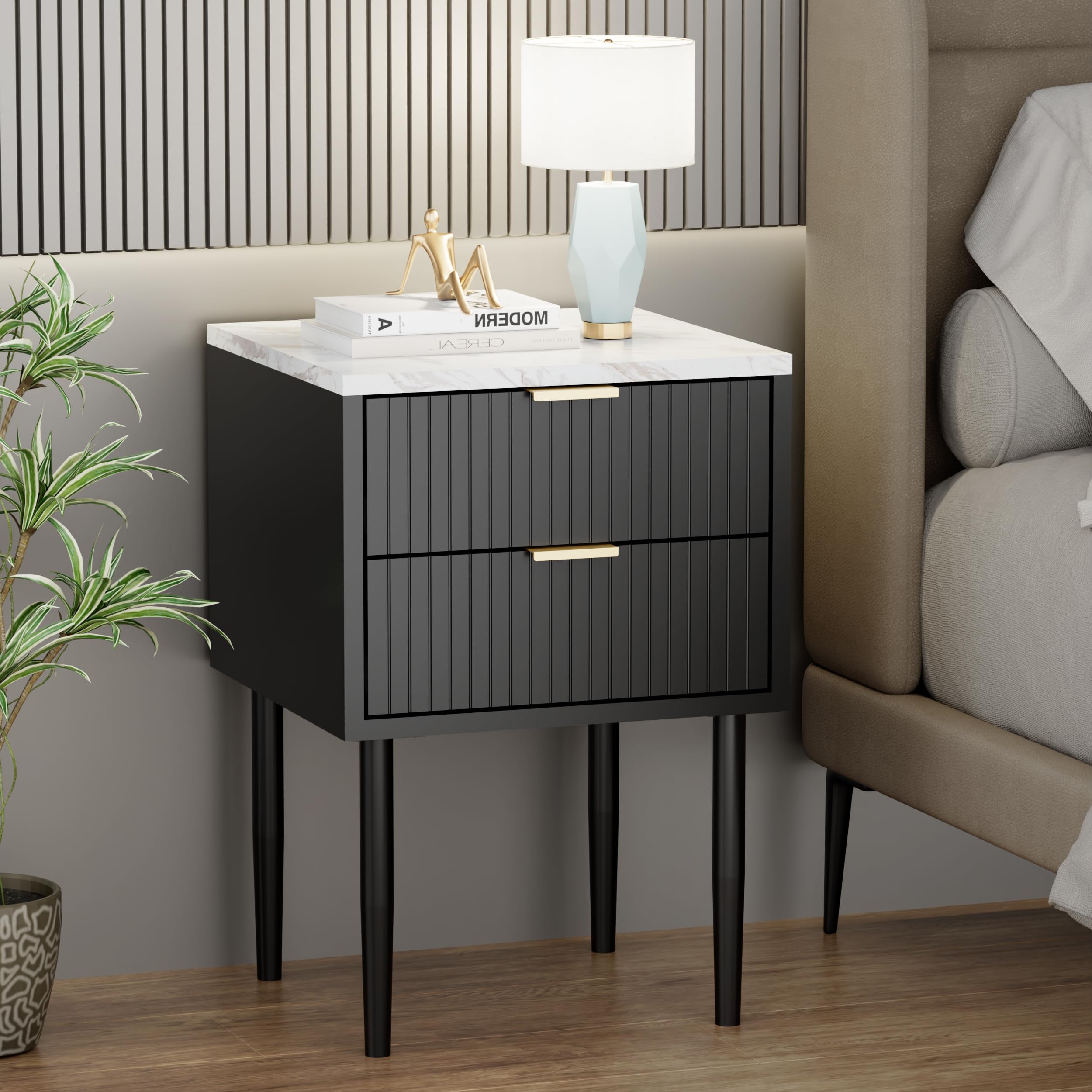 UEV 3er-Set Schlafzimmermöbel, Kommode mit 6 Schubladen und 2er-Set Nachttisch, Schlafzimmermöbel-Set in Marmor Optik, für Wohnzimmer, Schlafzimmer, skandinavisch, Schwarz