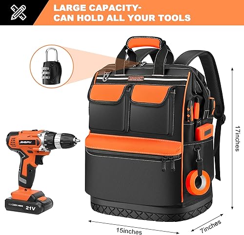 Miniatura 2 de Mochila de herramientas resistente, mochila de electricista de boca ancha para hombres, bolsas de herramientas de HVAC duraderas para ingenieros de