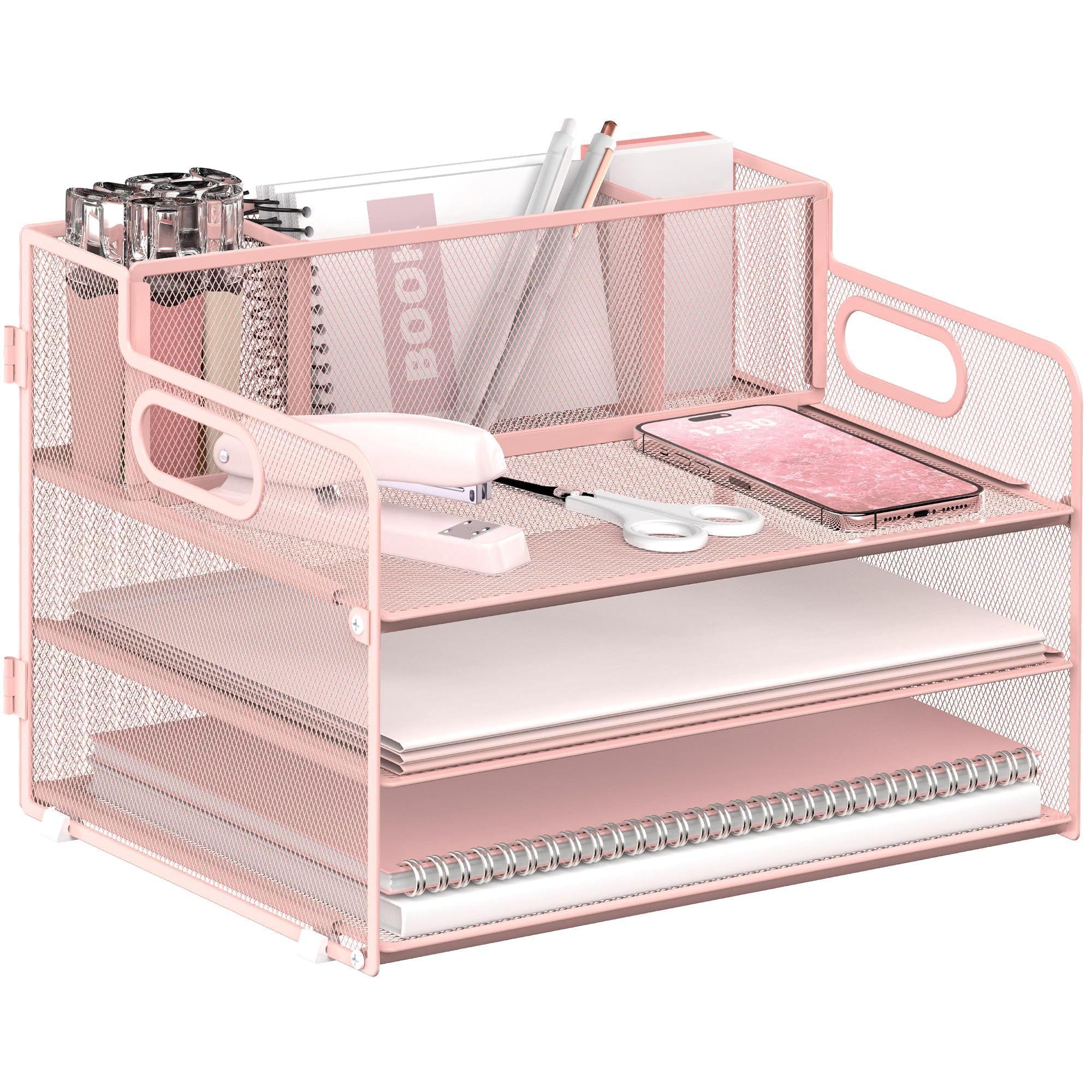 Supeasy Pink 3 Tier Desk Organiser With Handle & 3 Pen Holders, Mesh Paper/File Organizer For Desk, Paper Letter Tray Organizer For Office Supplies,