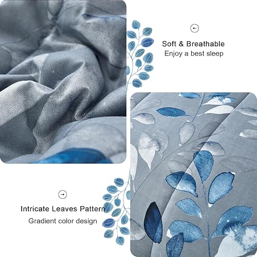 Miniatura 4 de Juego de edredón floral azul tamaño matrimonial de 7 piezas con hojas degradadas botánicas azul marino, juego de ropa de cama ultra suave de