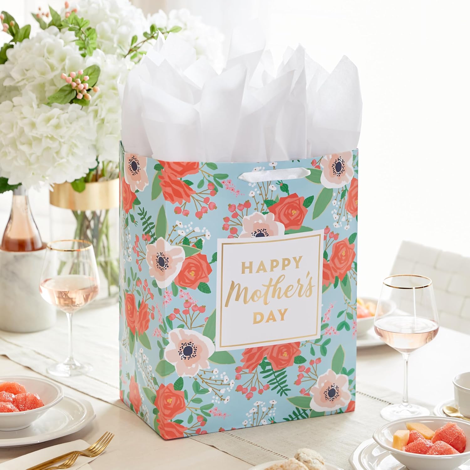 "Hallmark 17"" Extra Large Mother's Day Gift Bag with Tissue Paper (Red Roses, Green Foliage, Bright Blue) for Mom, Grandma, Nana, New Mother", jumbo image 2