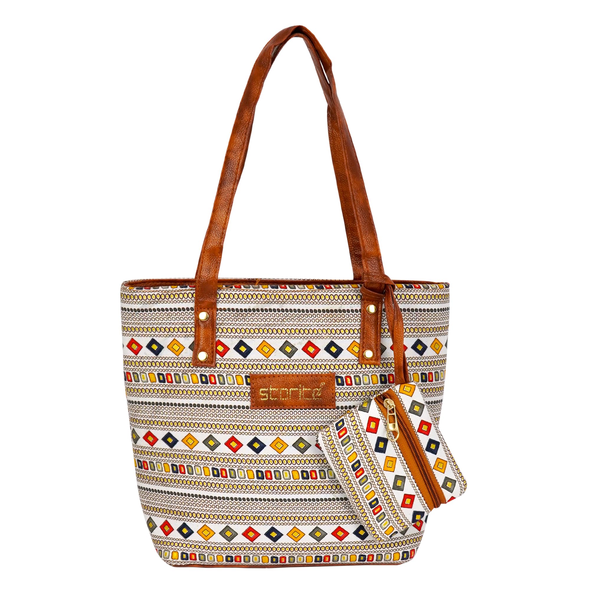 storite Small Women's Tote Bag with Leather Handles & Embroidery Printed Handbag with Zip Pockets, Shoulder Tote Bag and Handbag for Office and College (WhiteBrown, 26x21x9.8 cm)-picture-35