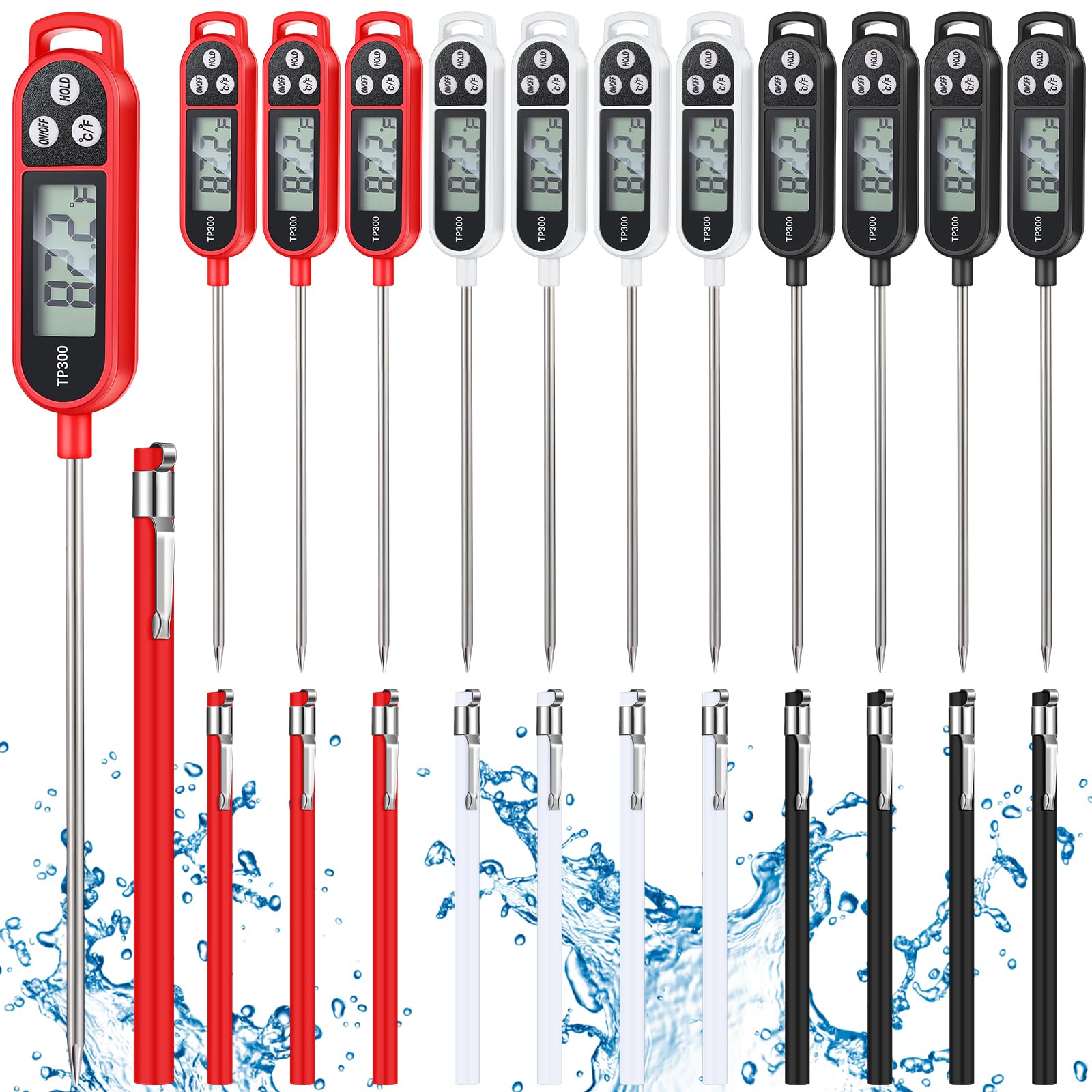 Copkim Termómetro digital para carne y alimentos, 12 piezas, con sonda, agua, líquido, lectura instantánea, suministros de cocina para cocinar, barbacoa, leche, yogur (negro, blanco, rojo)
