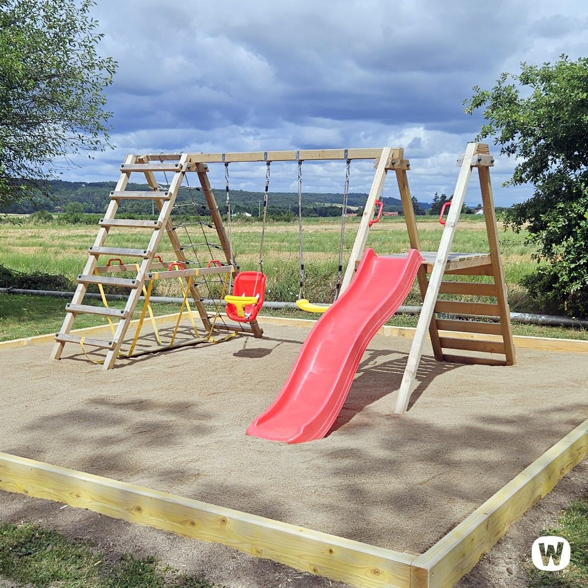 WICKEY Kinderschaukel Schaukelgestell Smart Shake mit Grüner Rutsche und Kletteranbau, Schaukel, Schaukelgerüst, Doppelschaukel, Holzschaukel für den Garten