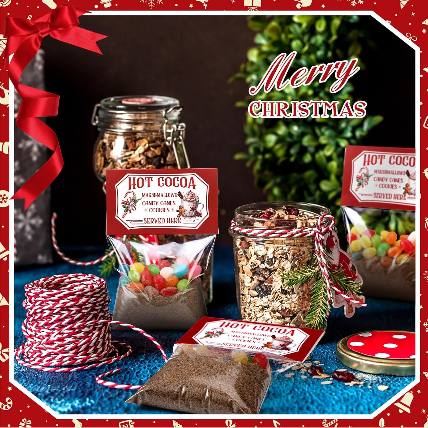 AmazingSpark 100 Set Christmas Cocoa Hot Chocolate Toppers with Clear Party Favor Treat Bags Christmas Clear Bag Toppers for Hot Cocoa Mix Marshmallows Cookies Candies Small Gifts