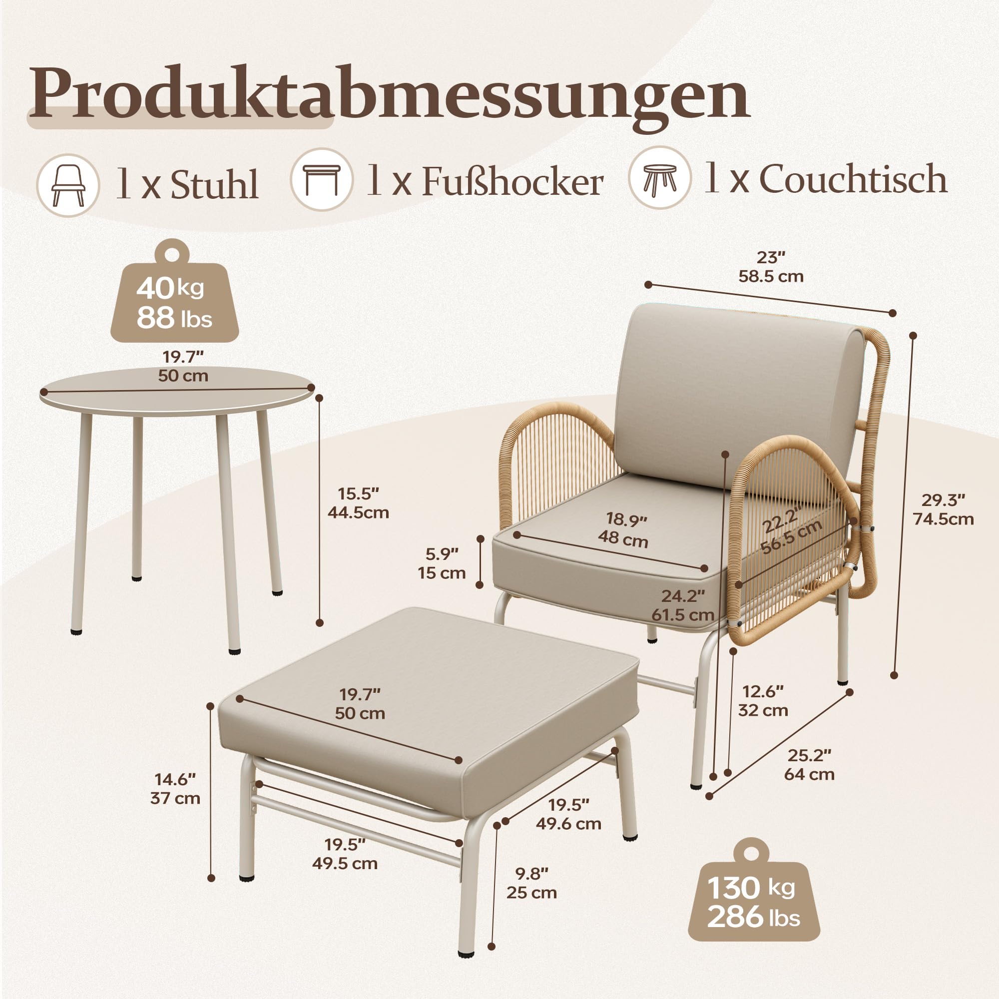 ALAULM 3-teiliges Rattan-Sitzgruppe, Outdoor Garten-Relaxsessel mit Hocker und rundem Couchtisch, Gepolstertes minimalistisches Bistro-Set für Balkon, Garten, Hinterhof & Terrasse (Khaki)
