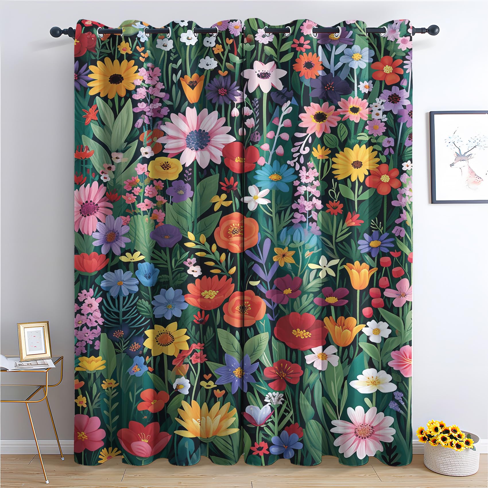 DlaQoryx Colorful Floral Blackout Curtain Wild Flowers Botanical Eyelet Curtains, Living Room Bedroom Home Decor Window Drapes, 46x72 Inch Thermal Curtain 2 Panels